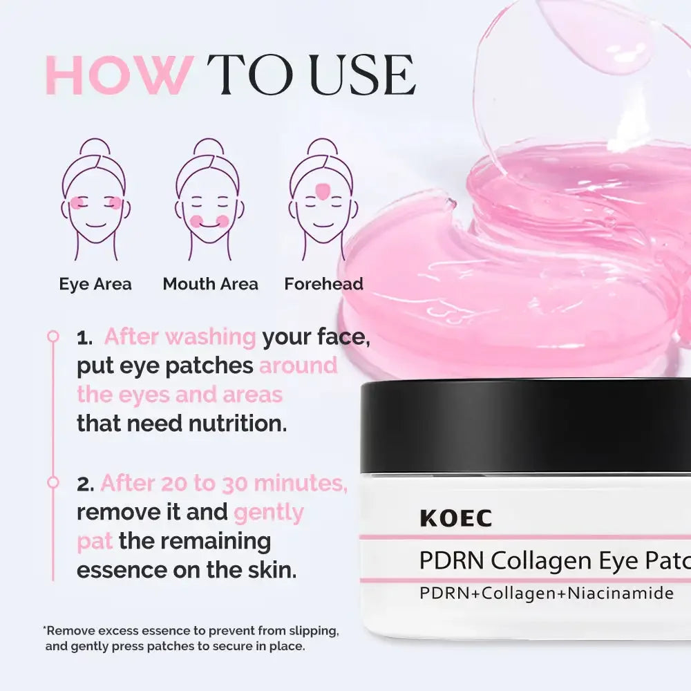 60PCs KOEC PDRN Pink Collagen Eye Patch Revitalizing Soothing Glowing Reduce Puffiness Fine Lines Anti-Wrinkles Niacinamide VB12