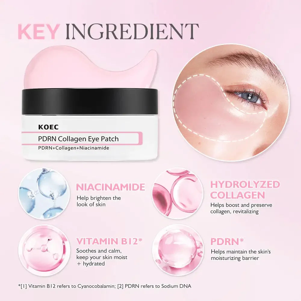 60PCs KOEC PDRN Pink Collagen Eye Patch Revitalizing Soothing Glowing Reduce Puffiness Fine Lines Anti-Wrinkles Niacinamide VB12
