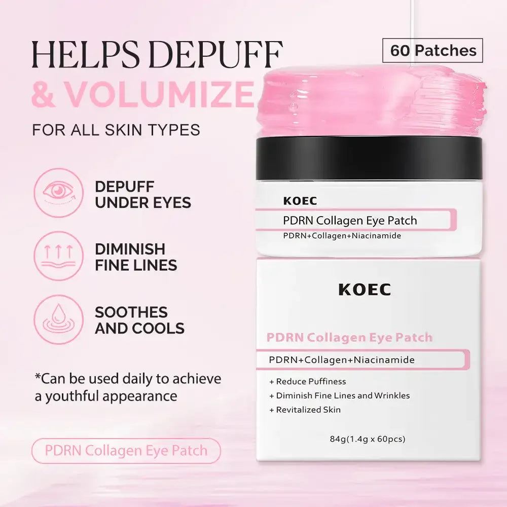 60PCs KOEC PDRN Pink Collagen Eye Patch Revitalizing Soothing Glowing Reduce Puffiness Fine Lines Anti-Wrinkles Niacinamide VB12